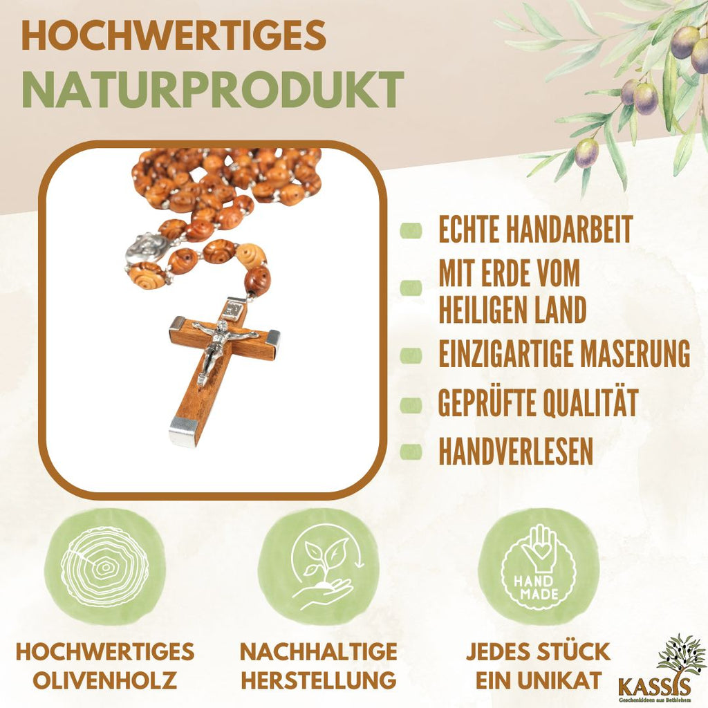 Rosenkranz aus Olivenholz mit verzierten Perlen (50 cm) | Gebetskette mit Kreuz als Geschenk zur Taufe, Kommunion & Firmung-1