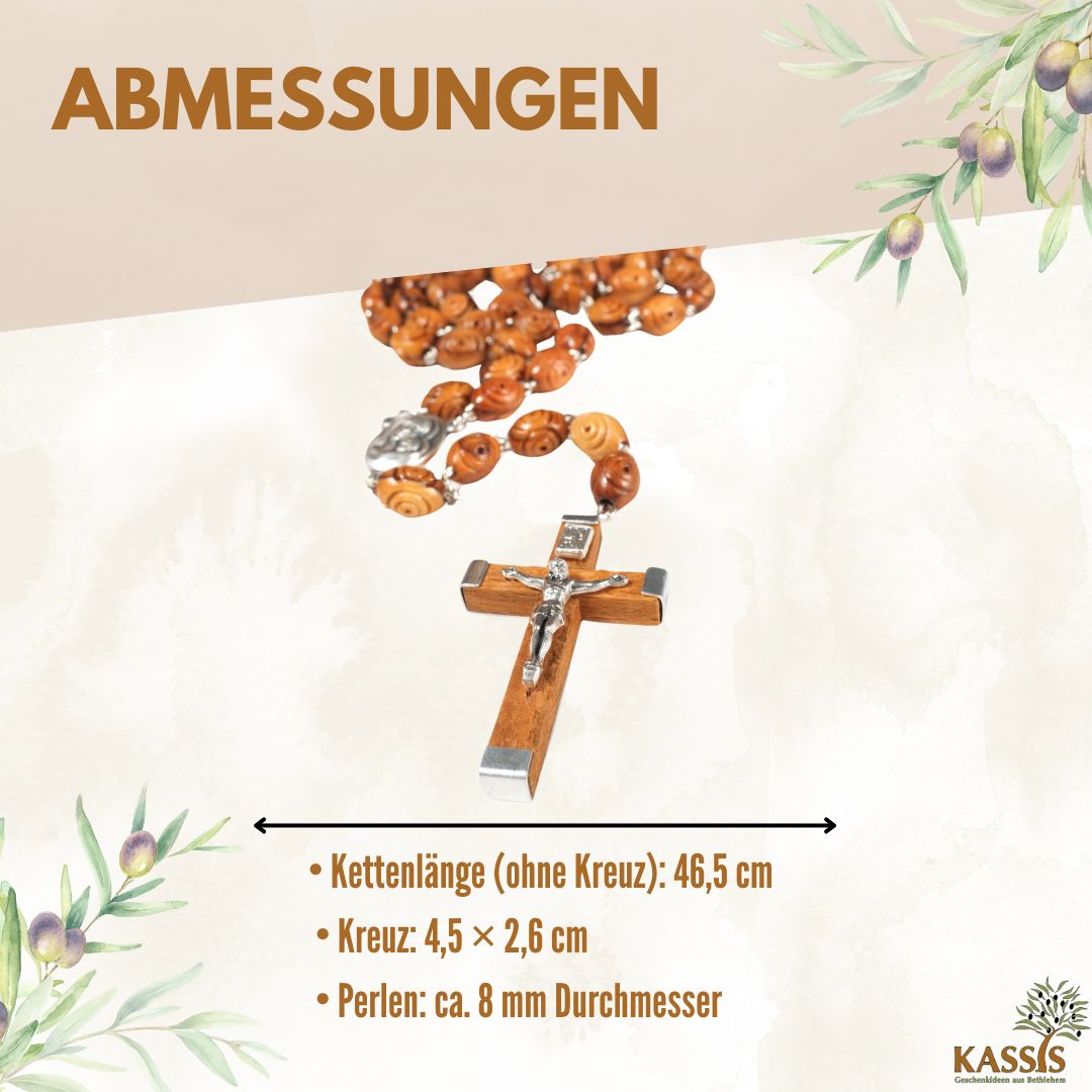 Rosenkranz aus Olivenholz mit verzierten Perlen (50 cm) | Gebetskette mit Kreuz als Geschenk zur Taufe, Kommunion & Firmung-2