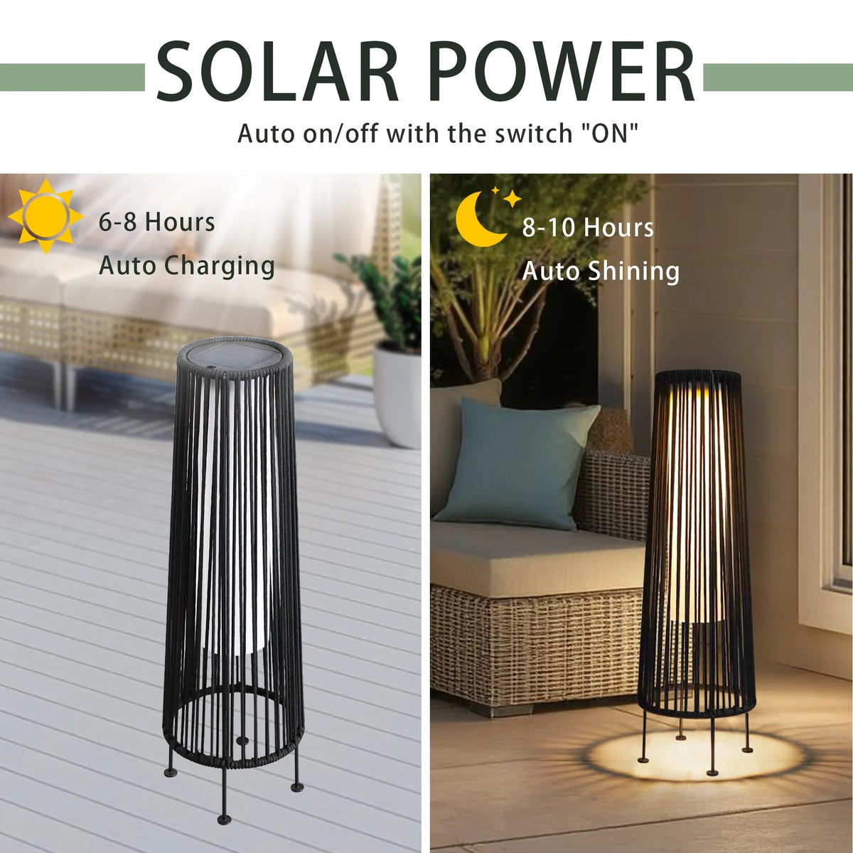 2 Piece Solar Powered Lantern Wicker Solar Patio Lamp Black