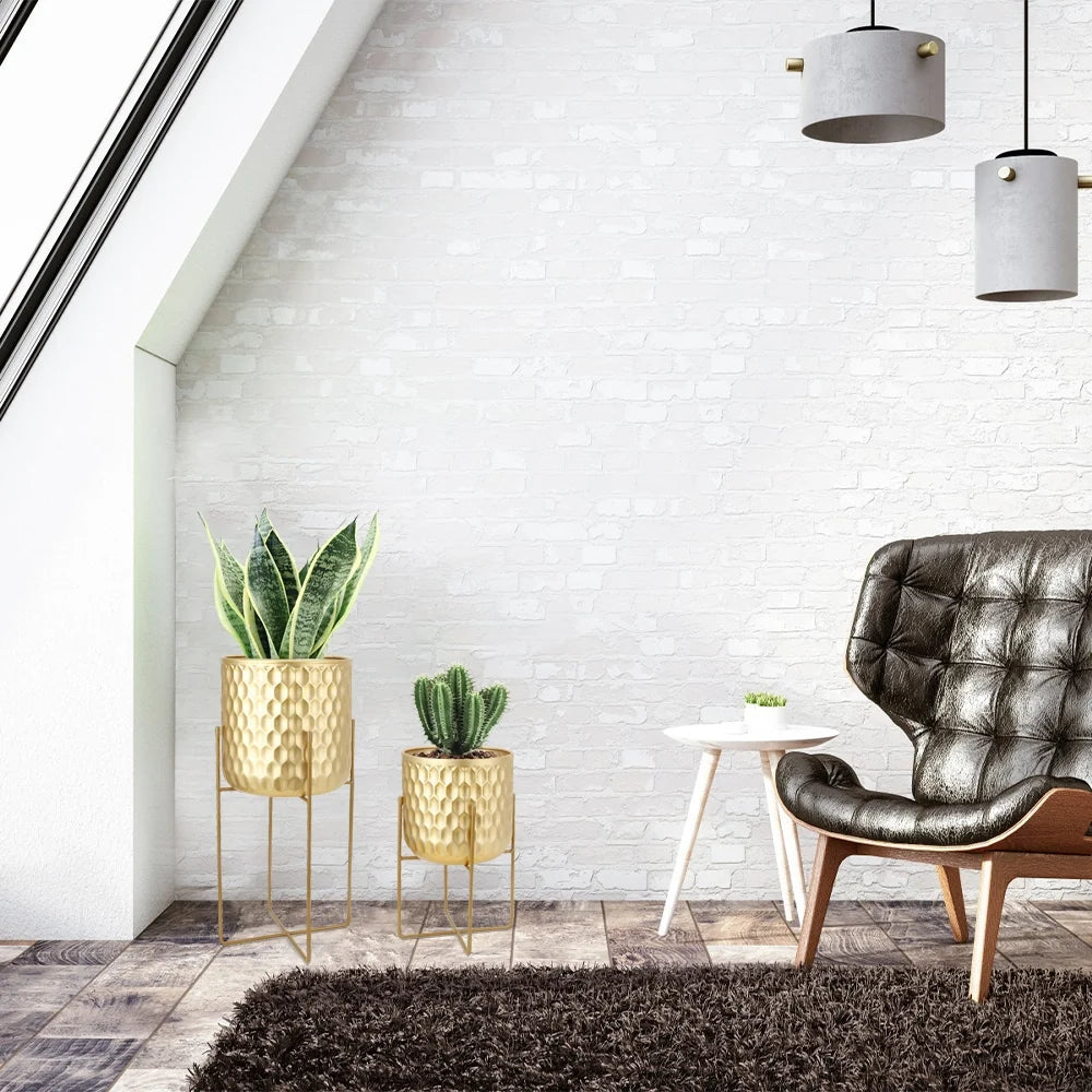 Set of 2 12"&18"H Golden Honeycomb Embossed  Flowerpots
